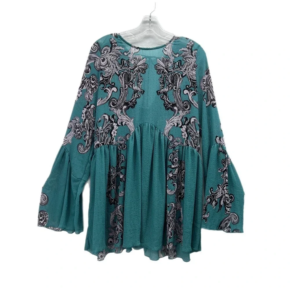 Intimately Free People Slip Dress SMALL Symphony Jade Combo Printed Bell Sleeve_2